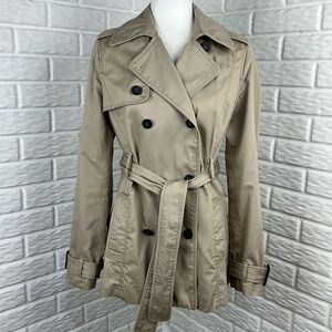 AMERICAN EAGLE OUTFITTERS TRENCH COAT TAN WITH STRIPES 100% Cotton Size Medium